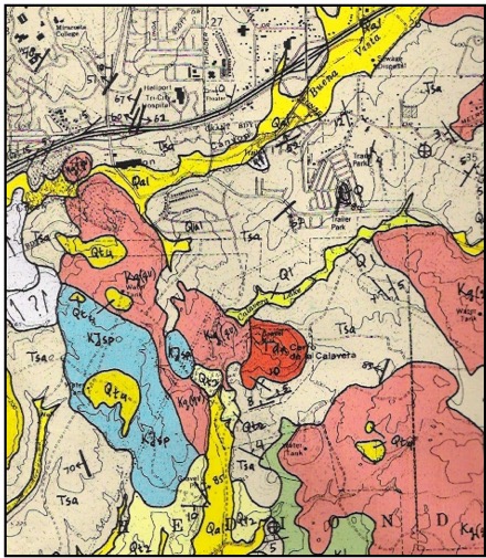 Geologic map of the Calavera Hills area. The Cretaceous Green Valley Tonalite (Kg (gv)) is shown in redish-pink, Eocene Santiago Formation (Tsa) is shown in tan, and the Miocene Dacite (Andesite) Volcanic Unit (Tda) is red and in the middle of the figure